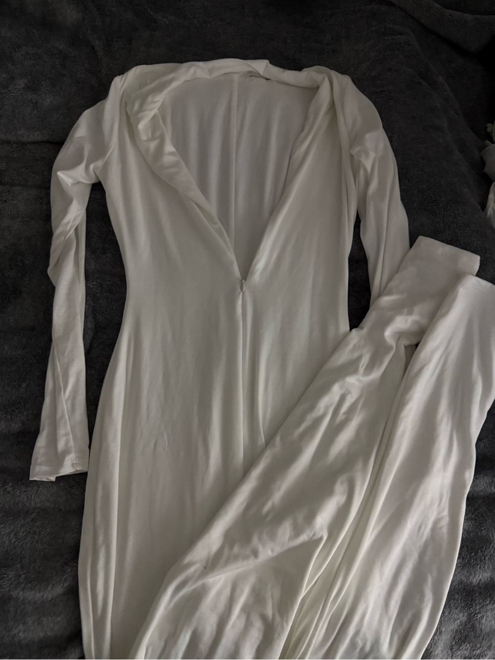 Women's White Long Sleeve Jumpsuit with V-Neck